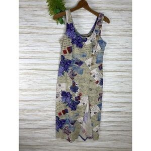 Vintage Quirky Roses and Postcards Print Linen Blend Sleeveless Dress